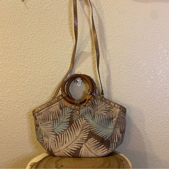 Fossil handbag dark Hawaiian tropical palm print wooden handles or strap - Picture 2 of 13